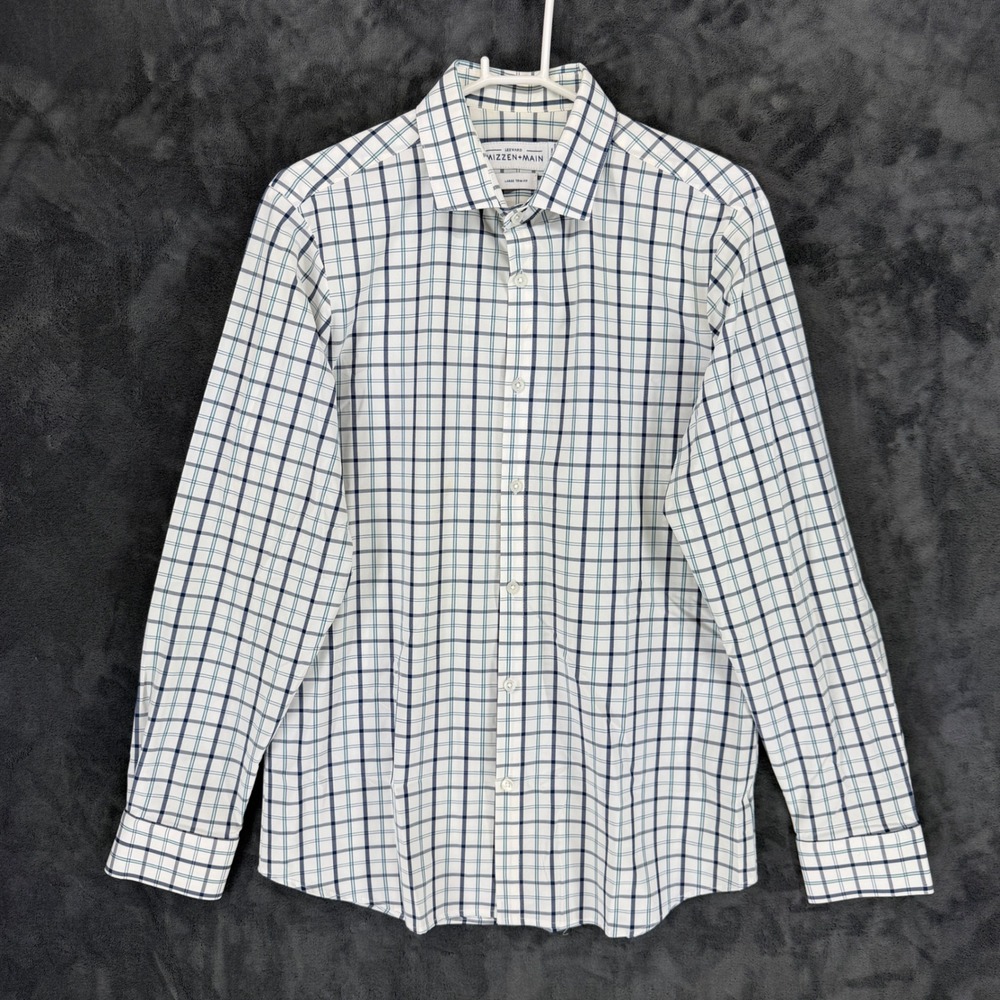 Mizzen+Main Leeward Mens Large Trim Fit Dress Shirt Blue White Grid Check
